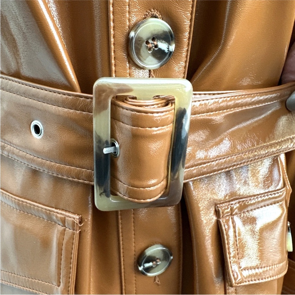 Topshop Women Casey Brown Belted Glossy High Impact Button Front Vegan Jacket - Picture 9 of 15